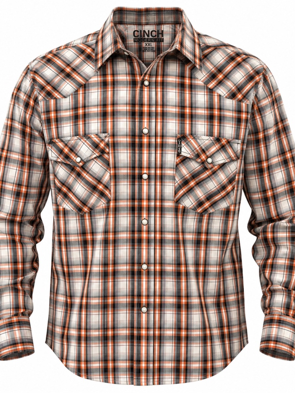 Cinch Modern Fit Men’s XXL Plaid Pearl Snap Western Shirt Orange Gray Cotton